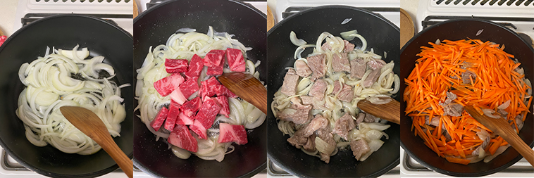 まずは玉ねぎをしっかり炒めて旨みを引き出し、しんなりして透明になってきたら牛肉を投入。牛肉の赤い部分が見えなくなったらにんじんを入れて炒めます。