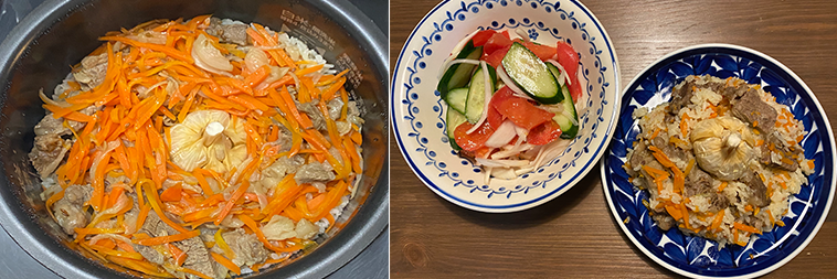 炊飯器から炊きあがりのお知らせが聞こえたらプロフの完成です。