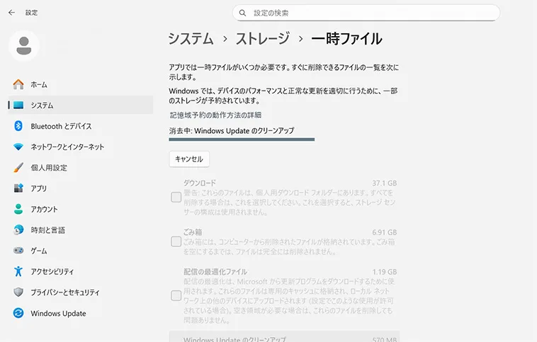 「一時ファイル」をクリックし、「以前のWindowsのインストール（※）」のみにチェック。他の項目にチェックが入っている場合は外します。