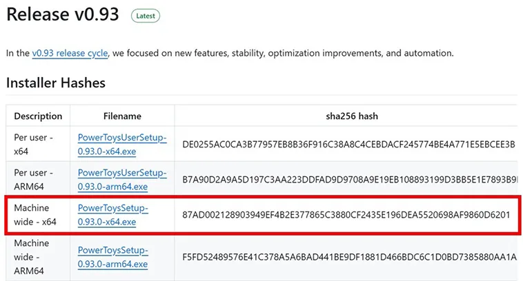 2.	Installer Hashesにある「Machine wide – x64」（PowerToysSetup～-x64.exe）のリンク（最新バージョンのもの）をクリック