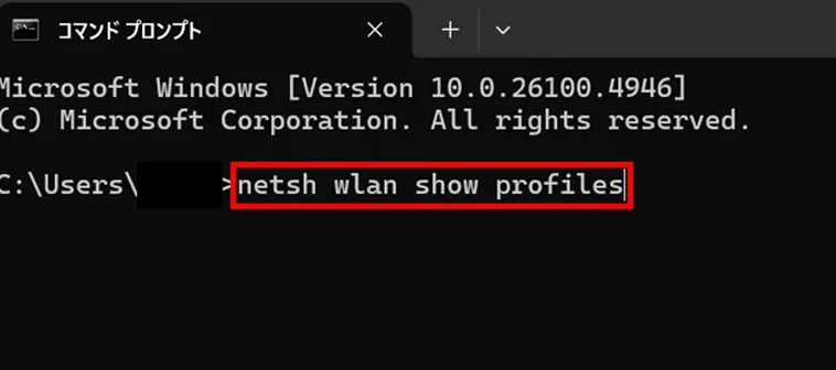 黒い画面に「netsh wlan show profiles」と入力してEnter